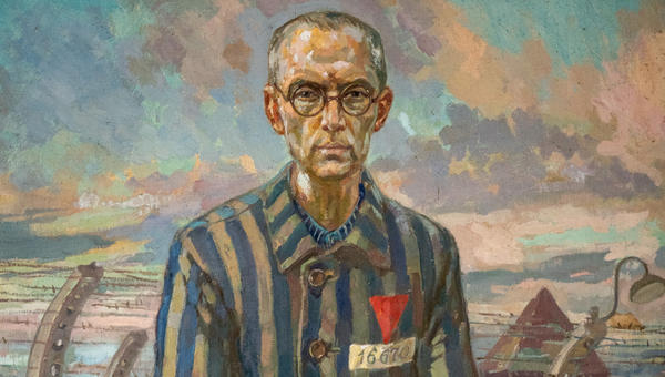 Maksymilian Kolbe ubrany w więzienny pasiak w obozie KL Auschwitz
