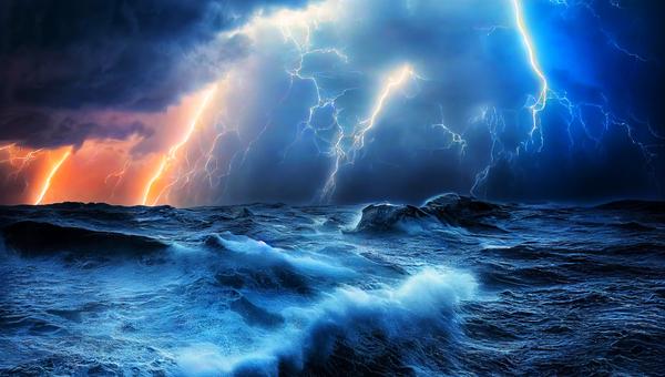 3D Illustration, Digital Art, A storm in the middle of the ocean with extremely agitated big waves and dangerous thunders.