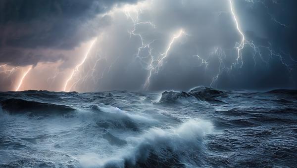 3D Illustration, Digital Art, A storm in the middle of the ocean with extremely agitated big waves and dangerous thunders.