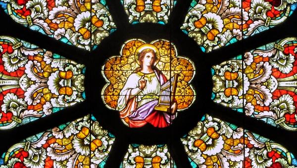 Detail of a rose window by Frei & Associates. Arcadia Academy in Arcadia, MO