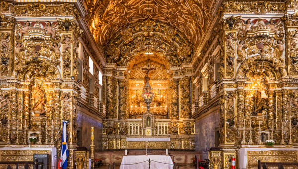 The Baroque architecture of Convento de Sao Francisco Church in Salvador, BA, Brazil with its altars, walls, and images covered with 24k gold