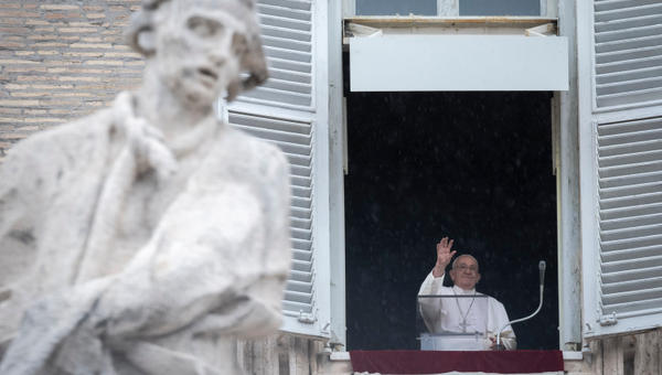 Pope Francis addresses the crowd from the window of the apostolic palace overlooking St. Peter's square during the Regina Coeli prayer on May 19, 2024 in The Vatican.