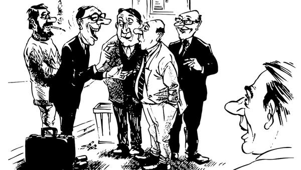 Conversation history black and white drawing