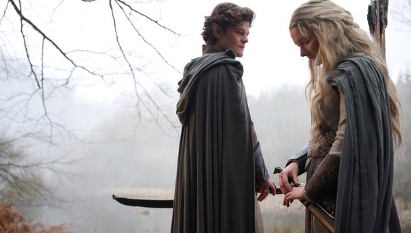 Robert Aramayo as Elrond, Morfydd Cark as Galadriel in Rings of Power season two