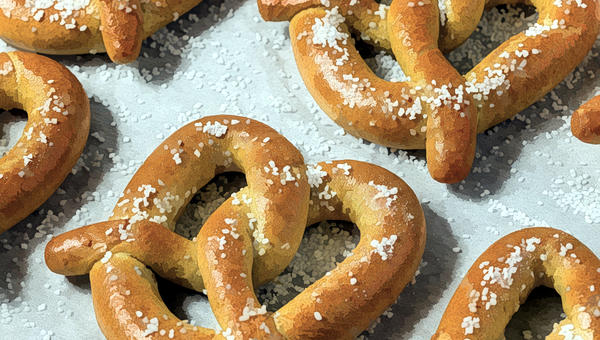 Soft pretzels on tray