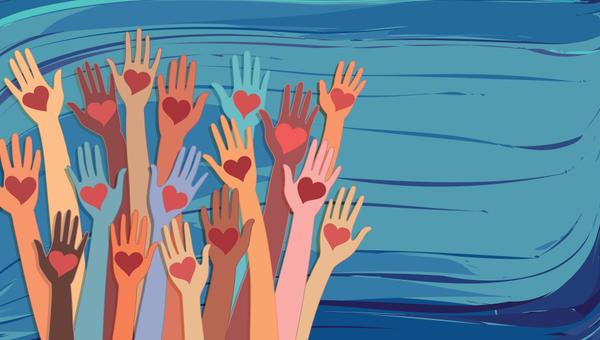 Banner whit abstract raised hands of multicultural volunteer people holding a heart
