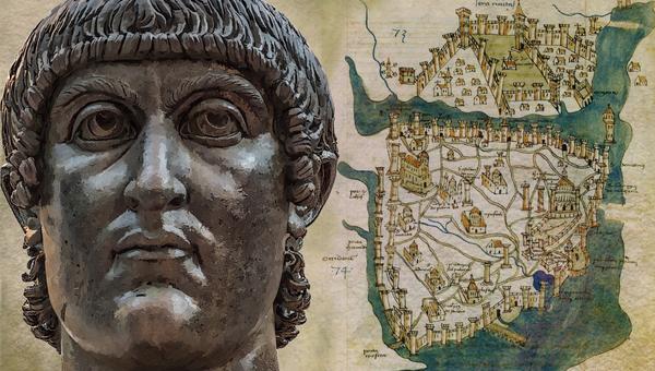 Bust of Constantine and map of Constantinople - Collage