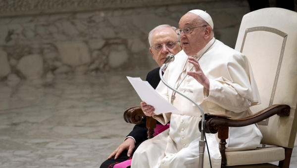 Pope Francis during his weekly general audience in Paul VI Hall at the Vatican on February 12, 2025