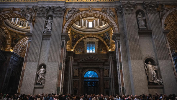 People stay in a line to pay respect to coffin with body of Pope Francis displayed at Saint Peter's Basilica in Vatican on April 23, 2025