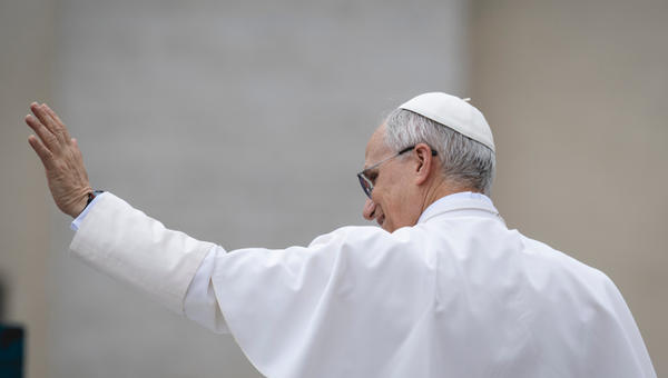 Pope Leo XIV is pictured at the end of his first weekly general audience at St Peter's Square in The Vatican on May 21, 2025.