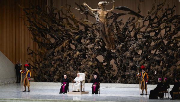 Pope Leo XIV during his audience with media representatives at the Paul VI Hall in the Vatican, on May 12, 2025.