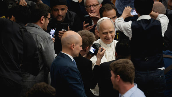 Pope Leo XIV during his audience with media representatives at the Paul VI Hall in the Vatican, on May 12, 2025.