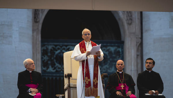 Pope Leo XIV during the Pentecost Vigil prayer in St. Peter's Square at the Vatican on June 7, 2025.