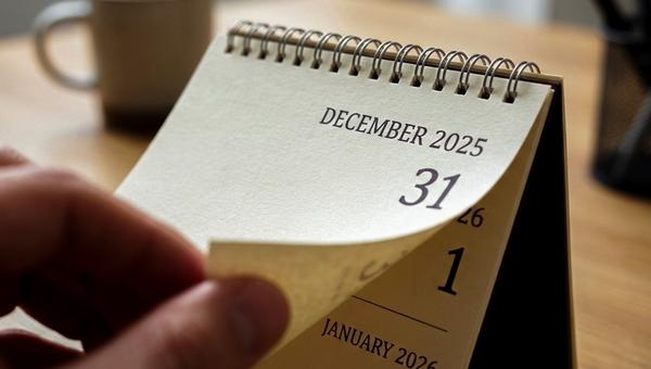 Dłoń przewraca kartkę z kalendarza z 31 grudnia 2025 na 1 stycznia 2026.