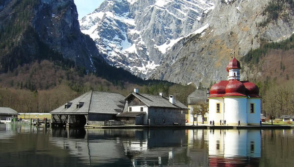 St. Bartholomew's Church and Lake Konigssee in Germany.