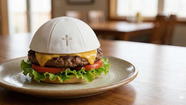 A hamburger with a papal skull cap on top