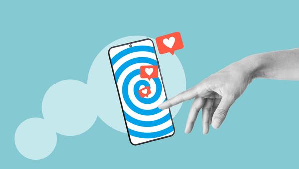 Dependencia de la red social mostrada por teléfono móvil con pantalla hipnótica y likes de redes sociales. Clickbait marketing y contenido viral en SMM como estrategia de medios