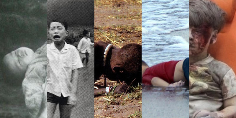 Fotos menino de Nagasaki, menina da bomba de Napalm, Sudão, Alan Kurdi e Omran Daqneesh