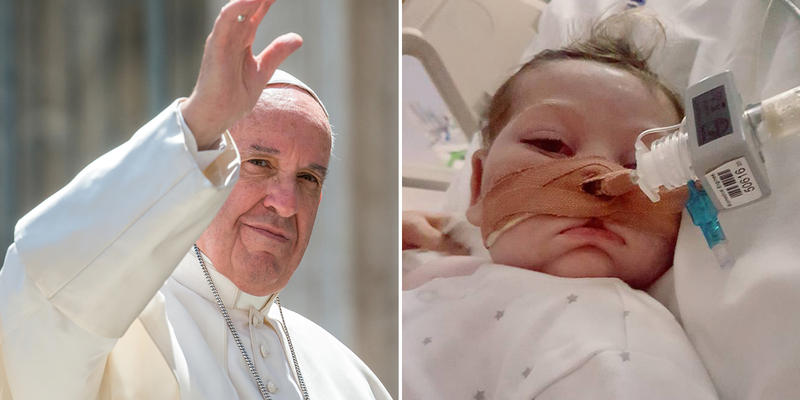 Z lewej Papież Franciszek, z prawej mały Charlie