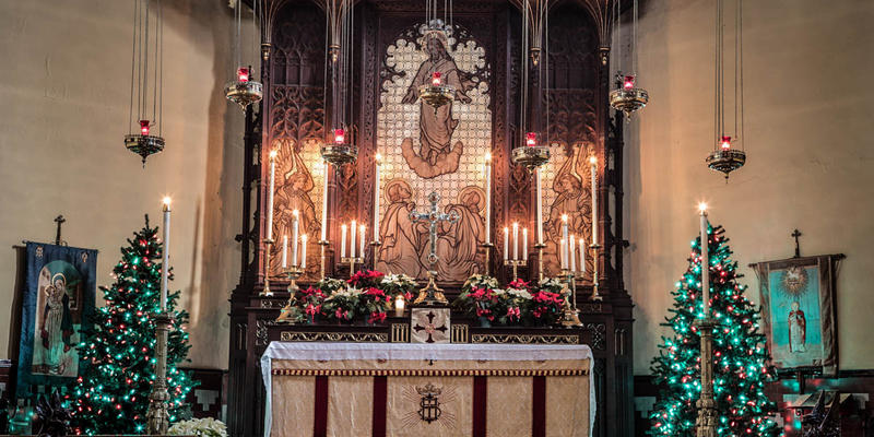 CHURCH DECORATED FOR CHRISTMAS