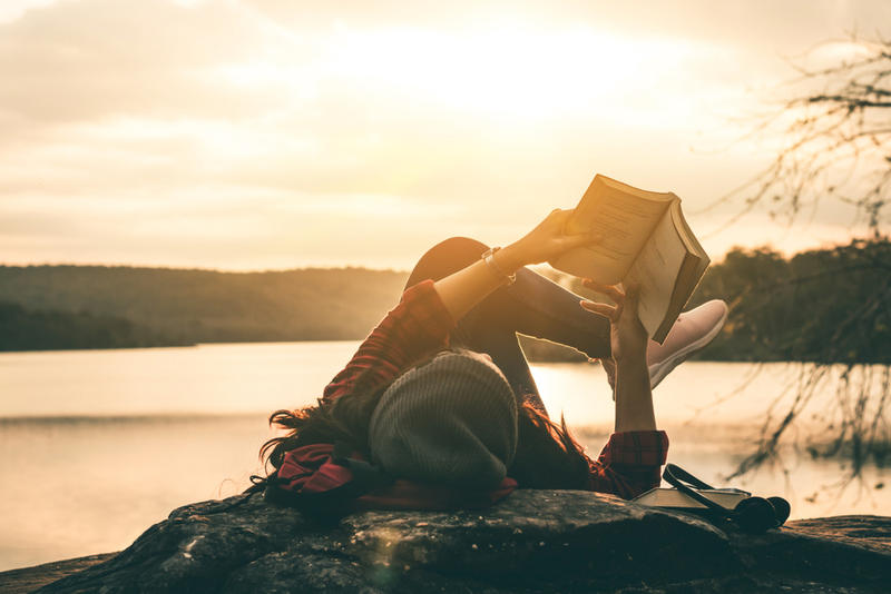 GIRL, READING, SUNSET