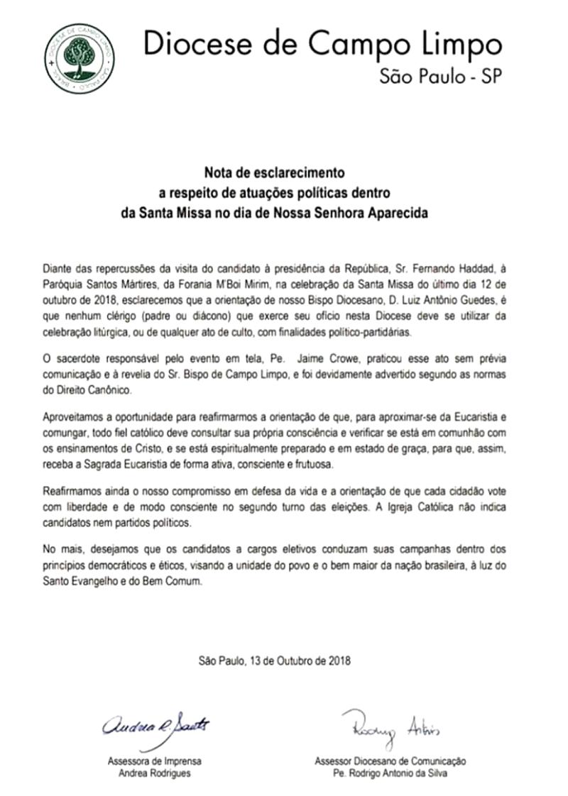 nota diocese campo limpo
