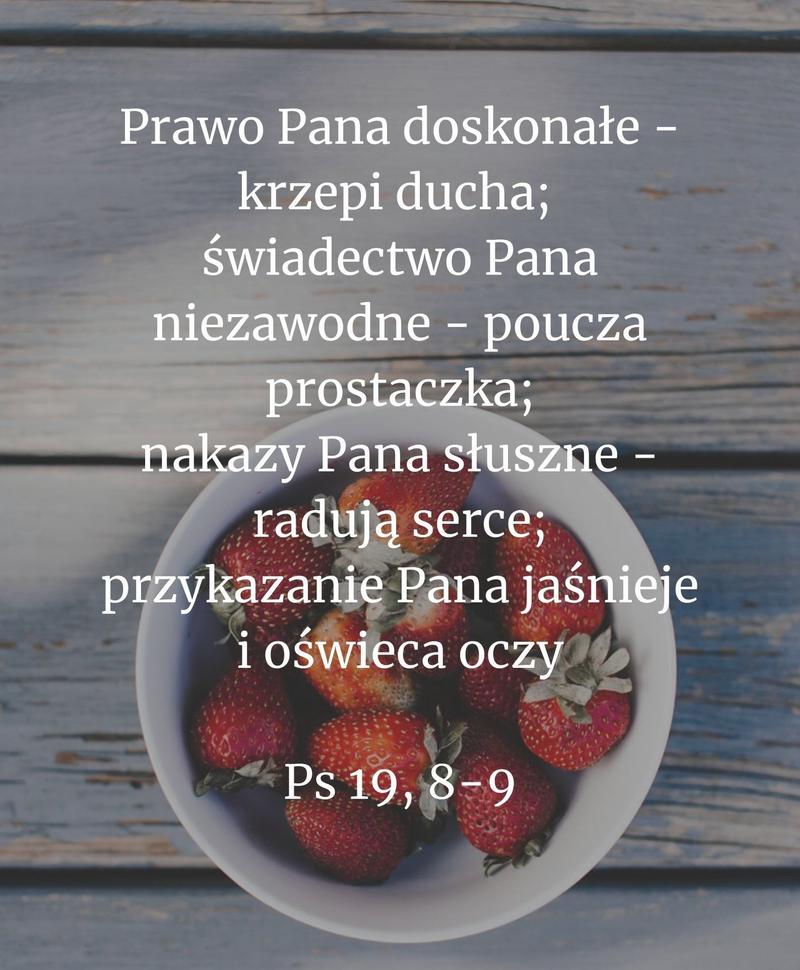 Prawo Pana doskonałe - krzepi ducha; świadectwo Pana niezawodne - poucza prostaczka; 9 nakazy Pana słuszne - radują serce; przykazanie Pana jaśnieje i oświeca oczy [Ps 19, 8-9]