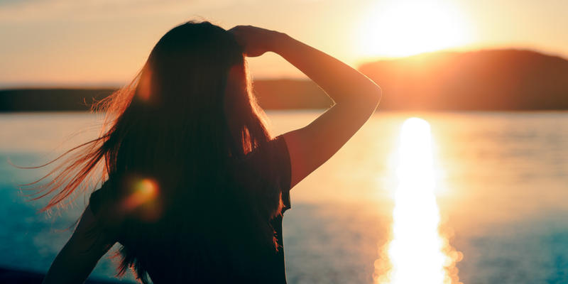 WOMAN, LOOKING, HORIZON