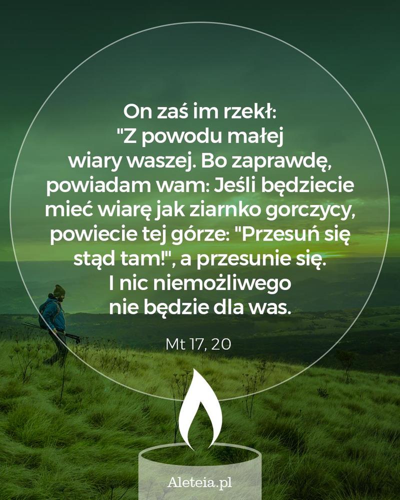 On zaś im rzekł: «Z powodu małej wiary waszej. Bo zaprawdę, powiadam wam: Jeśli będziecie mieć wiarę jak ziarnko gorczycy, powiecie tej górze: "Przesuń się stąd tam!", a przesunie się. I nic niemożliwego nie będzie dla was. Mt 17,20