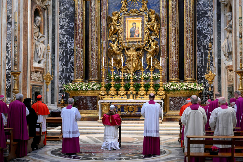 This photo taken and handout on May 25, 2025 by The Vatican Media shows Pope Leo XIV during his visit at St Mary Major in Rome.